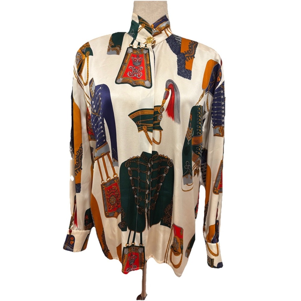VINTAGE ESCADA MARGARETHA LEY 80s Silk Blouse Military Gold Bottoms Germany 38 M - Picture 2 of 9